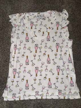 KIKIT Women's White Wine Bottle and Glass Print V-Neck Ruffle Sleeves Tank Top S